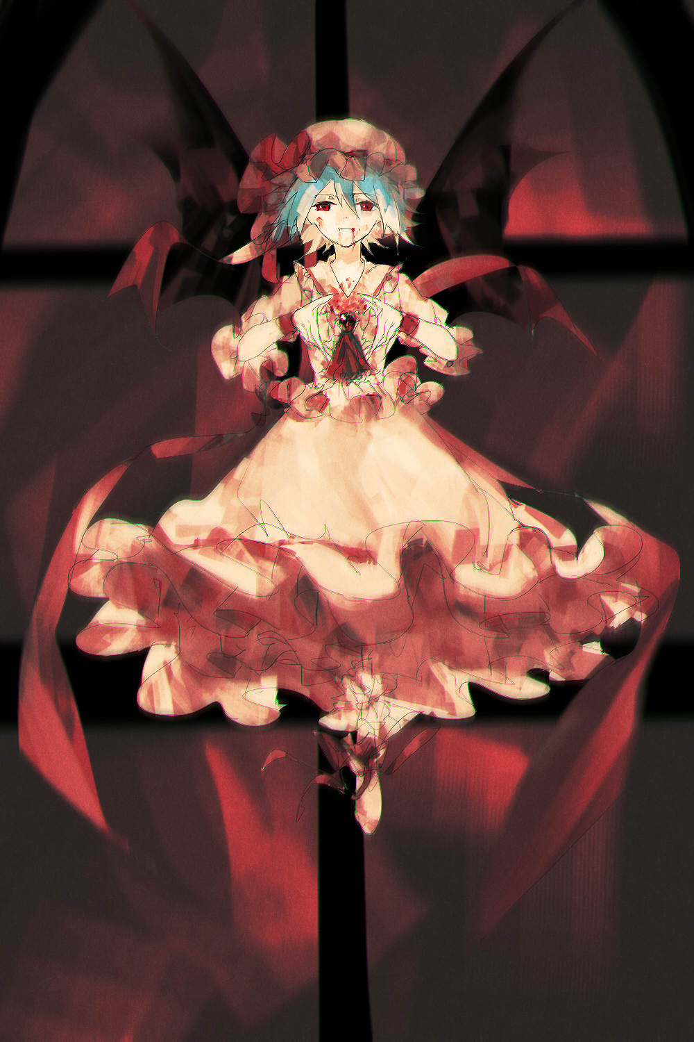 1girl ascot bangs bat_wings blood blood_from_mouth blood_on_clothes blood_on_face blue_hair brooch commentary_request frilled_shirt_collar frills full_body hair_between_eyes hat hat_ribbon highres jewelry looking_at_viewer mob_cap red_ascot red_eyes red_footwear red_headwear red_ribbon red_shirt red_skirt red_theme remilia_scarlet ribbon shirt short_hair short_sleeves skirt solo tian_(my_dear) touhou window wings