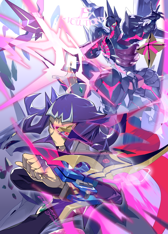 1boy armor artist_name black_armor black_pants blue_eyes card commentary duel_disk duel_monster e_volution glowing heterochromia holding holding_card holding_polearm holding_weapon jacket kamishiro_ryouga male_focus multicolored_hair number_c101_silent_honor_dark number_c32_shark_drake_veiss pants polearm purple_hair purple_jacket red_eyes spear two-tone_hair weapon yellow_eyes yu-gi-oh! yu-gi-oh!_zexal