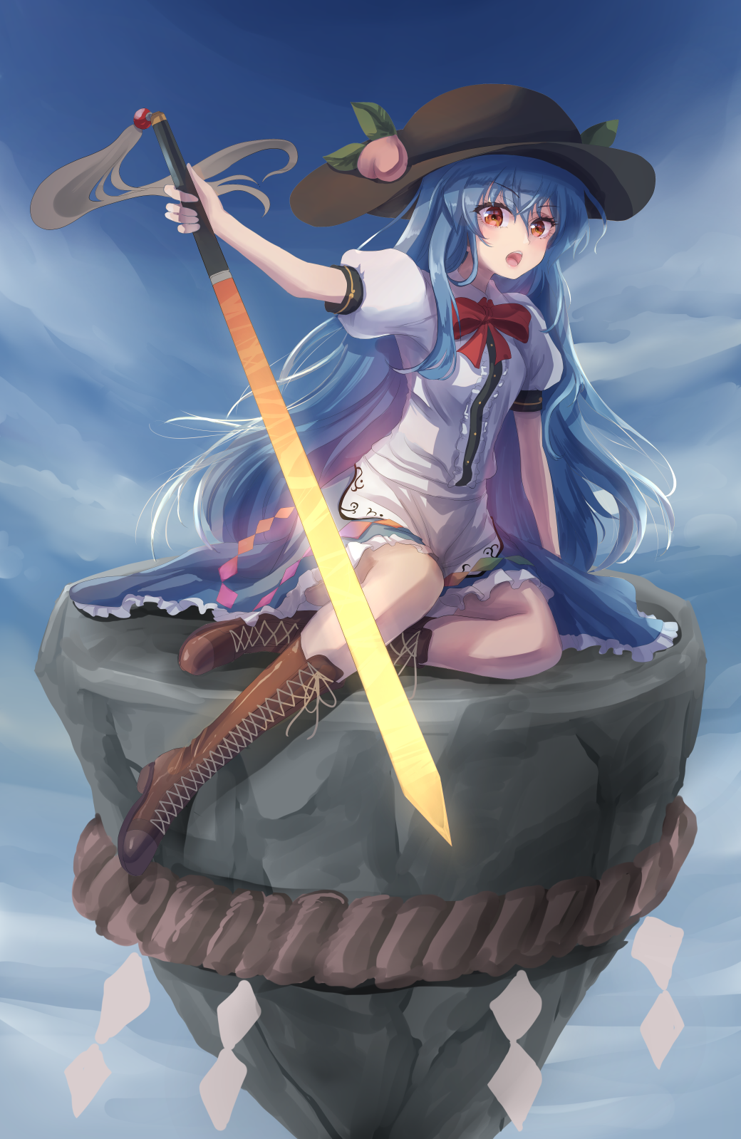 1girl black_headwear blue_hair boots brown_footwear buttons collared_shirt cross-laced_footwear eyebrows_visible_through_hair food fruit hair_between_eyes hat highres hinanawi_tenshi holding holding_sword holding_weapon lace-up_boots long_hair namiki_(remiter00) open_mouth peach puffy_short_sleeves puffy_sleeves red_eyes shirt short_sleeves solo sword sword_of_hisou touhou weapon white_shirt