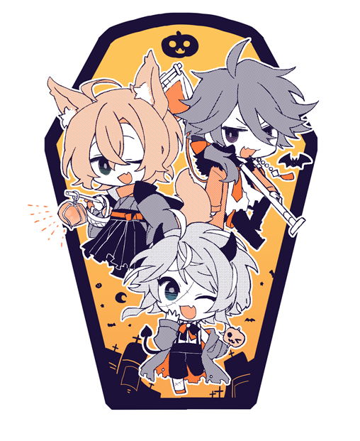 3boys alternate_costume amemura_ramuda arisugawa_dice bangs bat chibi demon_boy demon_horns fling_posse halloween halloween_costume horns hypnosis_mic jack-o'-lantern jacket long_sleeves multiple_boys one_eye_closed open_mouth sidelocks skk transparent_background yumeno_gentarou