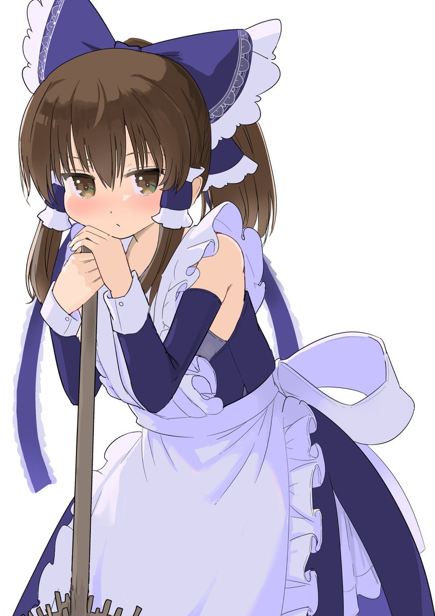 1girl alternate_color alternate_costume apron back_bow bangs bare_shoulders blue_bow blue_dress blush bow brown_eyes brown_hair buttons closed_mouth commentary_request detached_sleeves dress eyebrows_visible_through_hair frills grey_apron grey_bow hair_between_eyes hair_ornament hair_tubes hakurei_reimu hands_up highres looking_away maid player_2 ponytail puuakachan short_ponytail simple_background solo standing touhou white_background