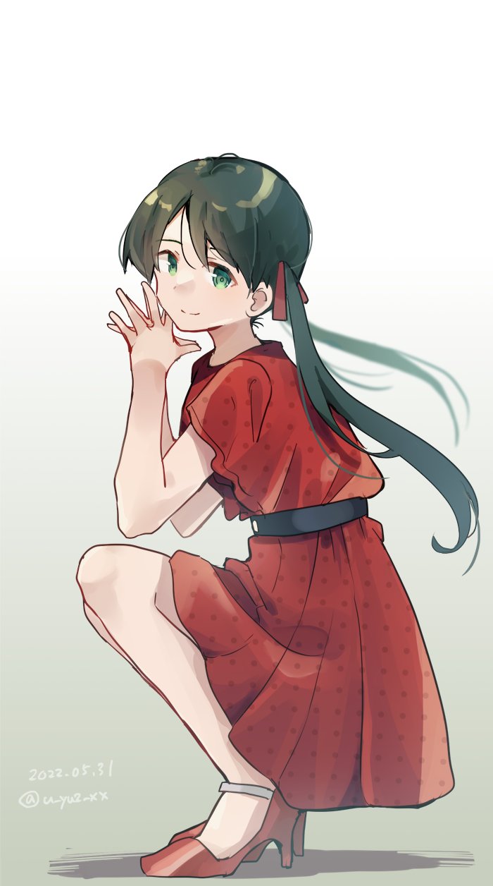 1girl belt black_hair commentary_request dress full_body green_eyes high_heels highres kantai_collection long_hair mikuma_(kancolle) official_alternate_costume one-hour_drawing_challenge red_dress red_footwear solo squatting steepled_fingers twintails u_yuz_xx