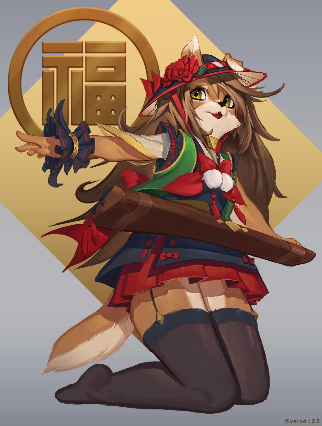 1girl :3 animal_ears animal_nose arm_up artist_name back_bow bangs black_legwear blue_headwear blue_shirt body_fur bow brown_fur brown_hair chinese_zodiac collar commentary_request dog_ears dog_girl dog_tail ears_through_headwear fang flat_chest flower full_body furry furry_female garter_straps green_vest hat hat_flower hat_ribbon highres kneeling layered_sleeves long_hair miniskirt open_clothes open_mouth open_vest original outstretched_arm paw_print pleated_skirt pom_pom_(clothes) red_bow red_ribbon red_skirt ribbon ribbon-trimmed_sleeves ribbon_trim shirt sidelocks skirt snout solo tail tassel thigh-highs translation_request twitter_username two-tone_fur undershirt uyu_(soda_uyu) vest watermark white_fur year_of_the_dog yellow_eyes