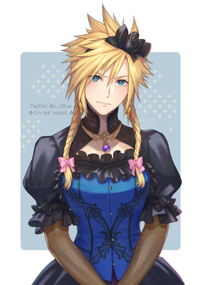 1boy blonde_hair blue_dress blue_eyes bow braid cloud_strife crossdressing dress final_fantasy final_fantasy_vii final_fantasy_vii_remake fishnet_armwear gem hair_between_eyes hair_bow hair_ornament hairband official_alternate_costume ohse puffy_short_sleeves puffy_sleeves short_sleeves solo spiky_hair twin_braids