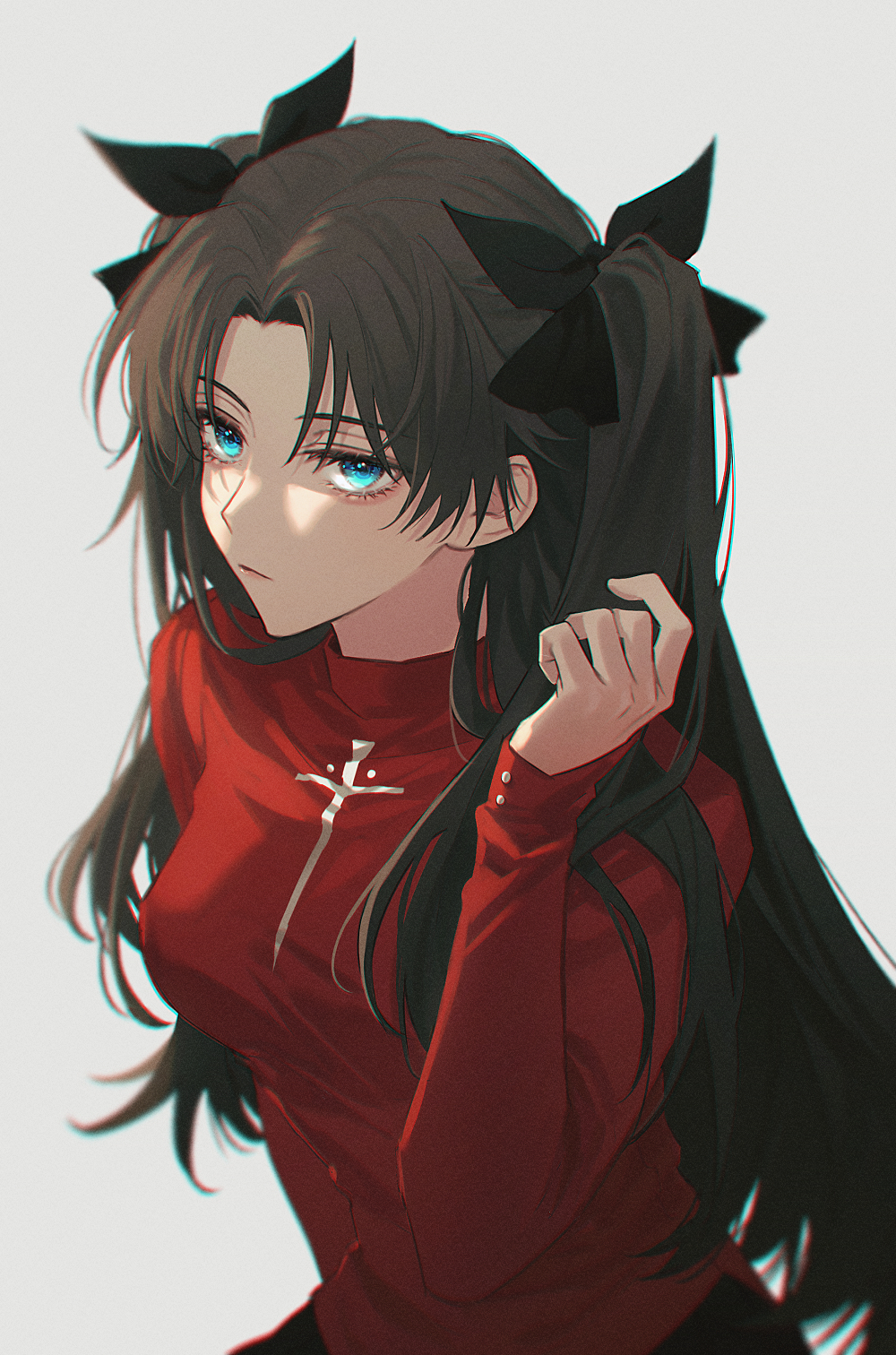 1girl bangs blue_eyes bow brown_hair expressionless fate/stay_night fate_(series) from_side hair_bow hand_up highres kaicggo long_hair long_sleeves looking_at_viewer parted_bangs red_sweater simple_background solo sweater tohsaka_rin two_side_up upper_body white_background