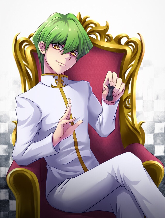 1boy chair checkered_background chess_piece closed_mouth fingernails gakuran green_hair hair_between_eyes holding_chess_piece kaiba_seto long_sleeves looking_at_viewer male_focus mitsucho pants pose school_uniform short_hair sitting smile solo white_gakuran white_pants yellow_eyes yu-gi-oh! yu-gi-oh!_(toei)