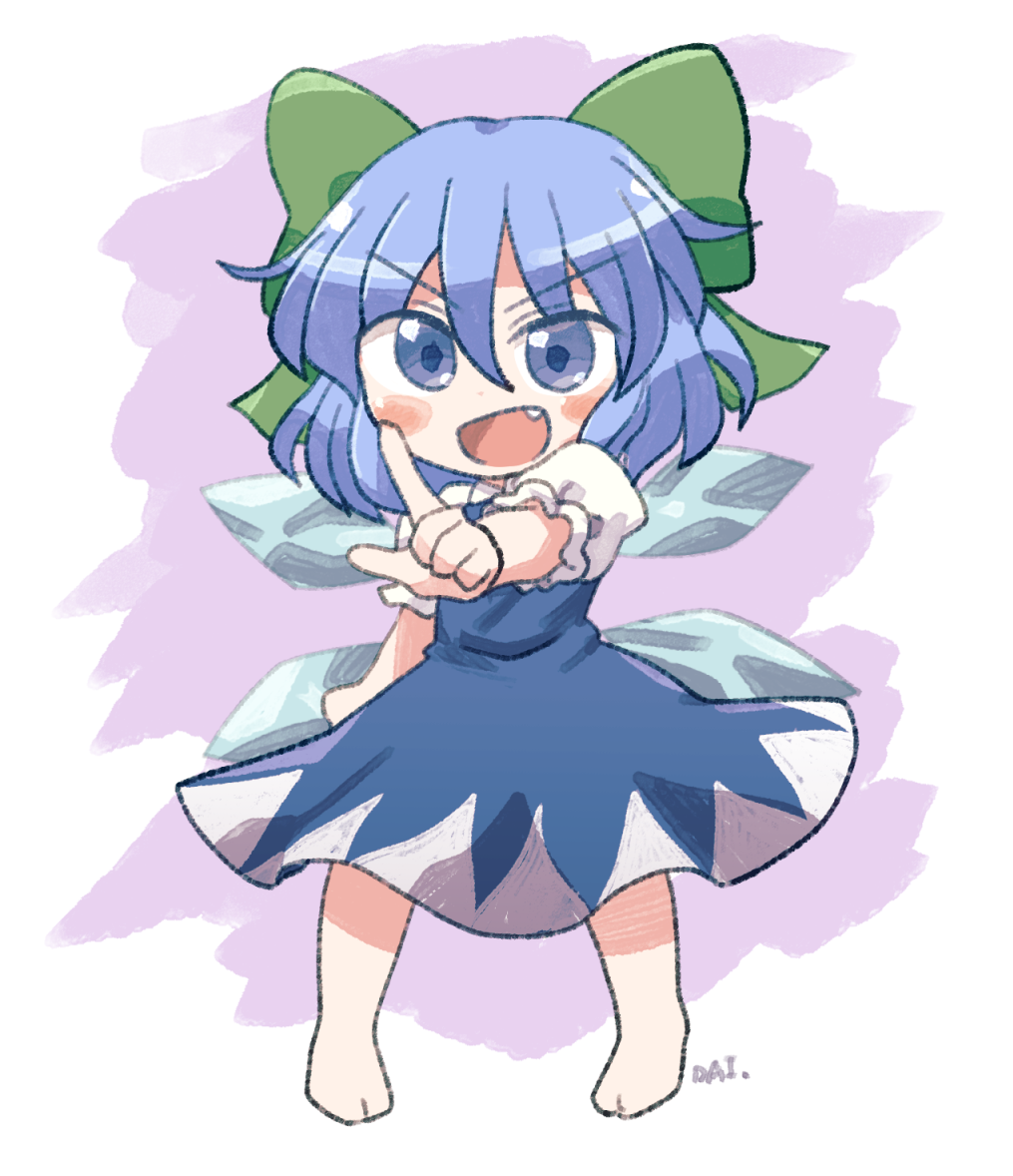 1girl bare_shoulders barefoot blue_dress blush_stickers bow cirno collared_shirt dress eyebrows_visible_through_hair fairy fang full_body green_bow hair_between_eyes hair_bow ice ice_wings open_mouth puffy_short_sleeves puffy_sleeves rokugou_daisuke shirt short_sleeves signature smile solo touhou white_shirt wings