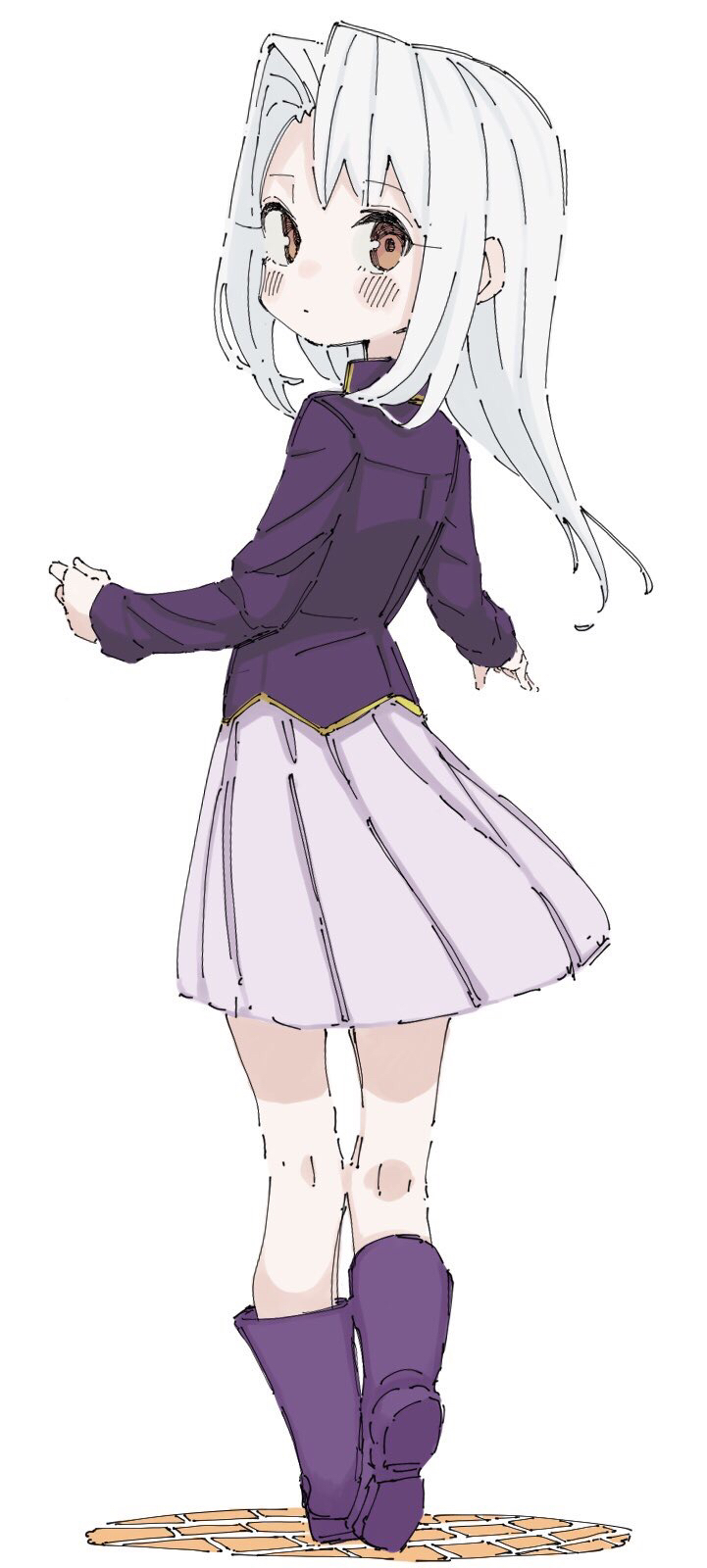 1girl blush_stickers boots brown_eyes dot_mouth expressionless fate/stay_night fate_(series) full_body highres illyasviel_von_einzbern jacket long_hair looking_at_viewer looking_back pink_skirt purple_footwear purple_jacket simple_background sketch skirt solo tenoo12 white_background white_hair