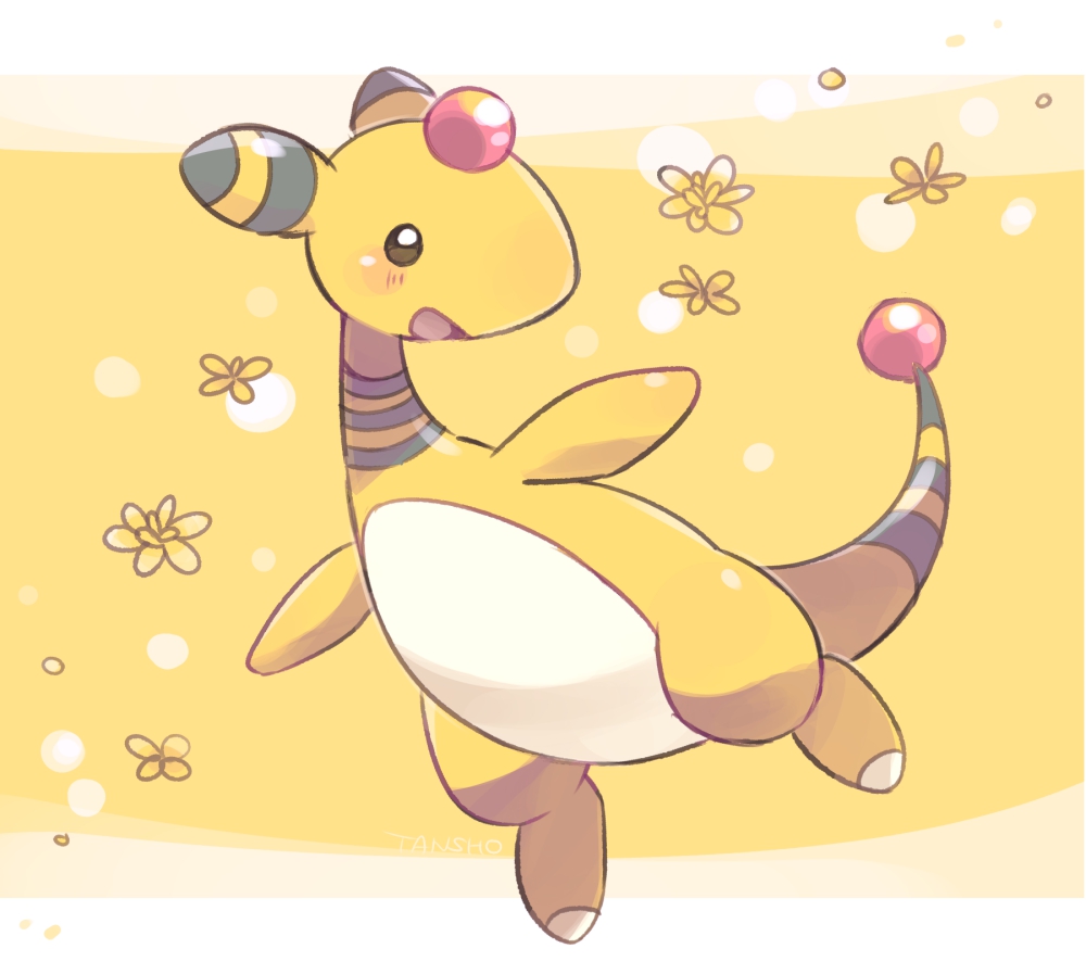 :d ampharos blush brown_eyes commentary_request full_body happy no_humans open_mouth outstretched_arms pokemon pokemon_(creature) smile solo tansho tongue