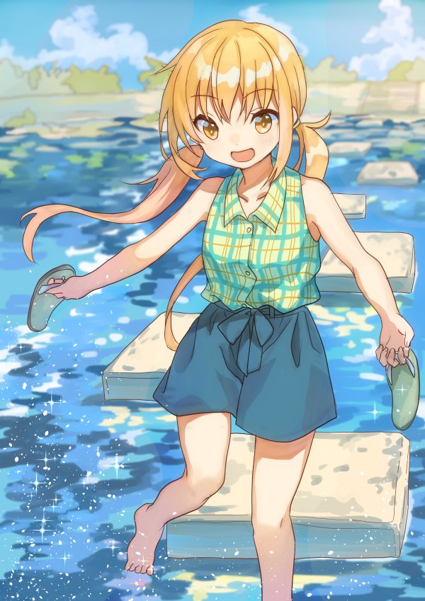 1girl alternate_costume blonde_hair blue_shorts blue_sky clouds commentary_request commission day kantai_collection long_hair mitsuyo_(mituyo324) outdoors plaid plaid_shirt sandals sandals_removed satsuki_(kancolle) shirt shorts sky sleeveless sleeveless_shirt smile solo stepping_stones twintails water yellow_eyes