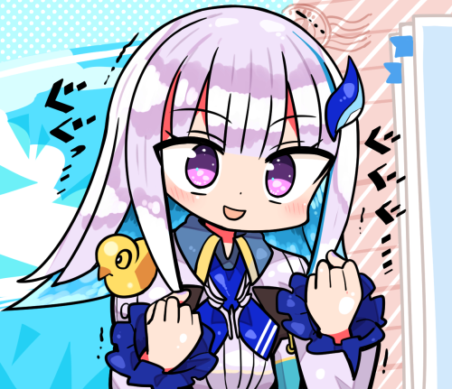 1girl :d blue_hair blue_necktie clenched_hands collared_shirt commentary_request eyebrows_visible_through_hair hair_ornament hairclip kanikama lize_helesta long_hair lowres multicolored_hair necktie nijisanji rubber_duck shaking shirt smile solo translation_request violet_eyes