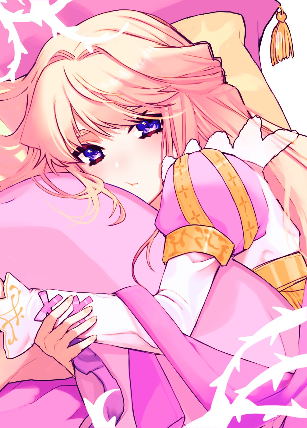 1girl bangs blonde_hair blue_eyes closed_mouth dress highres holding holding_pillow long_hair long_sleeves looking_at_viewer macross macross_frontier pillow pink_dress sechi_(stst1850) sheryl_nome solo two-tone_dress upper_body white_dress