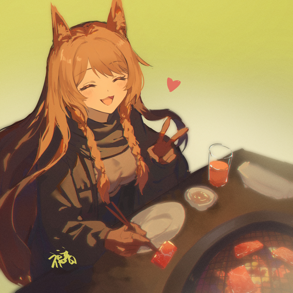 1girl :d ^_^ animal_ear_fluff animal_ears arknights black_jacket black_scarf blush braid brown_background brown_gloves brown_hair ceobe_(arknights) chopsticks closed_eyes commentary_request cup drink drinking_glass facing_viewer food gloves gogatsu_fukuin gradient gradient_background hand_up heart holding holding_chopsticks jacket long_hair long_sleeves meat open_clothes open_jacket puffy_long_sleeves puffy_sleeves scarf signature smile solo twin_braids upper_body v very_long_hair yakiniku