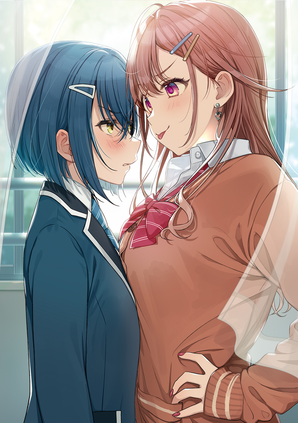 2girls arms_at_sides asymmetrical_docking bangs blazer blue_hair blue_jacket blue_necktie blush bow bowtie breast_press breasts brown_cardigan brown_hair cardigan collared_shirt cover_image curtains dengeki_bunko diagonal-striped_bowtie diagonal-striped_necktie diagonal_stripes earrings eye_contact eyebrows_visible_through_hair hair_ornament hairclip heart heart_earrings highres indoors jacket jewelry large_breasts long_hair long_sleeves looking_at_another loose_bowtie multiple_girls nail_polish necktie novel_illustration official_art red_bow red_bowtie red_nails school_uniform seiyuu_radio_no_uraomote shirt short_hair sleeves_past_wrists striped striped_bow striped_bowtie striped_necktie textless_version tsukana_(saba_mizore) upper_body v-shaped_eyebrows violet_eyes window yellow_eyes