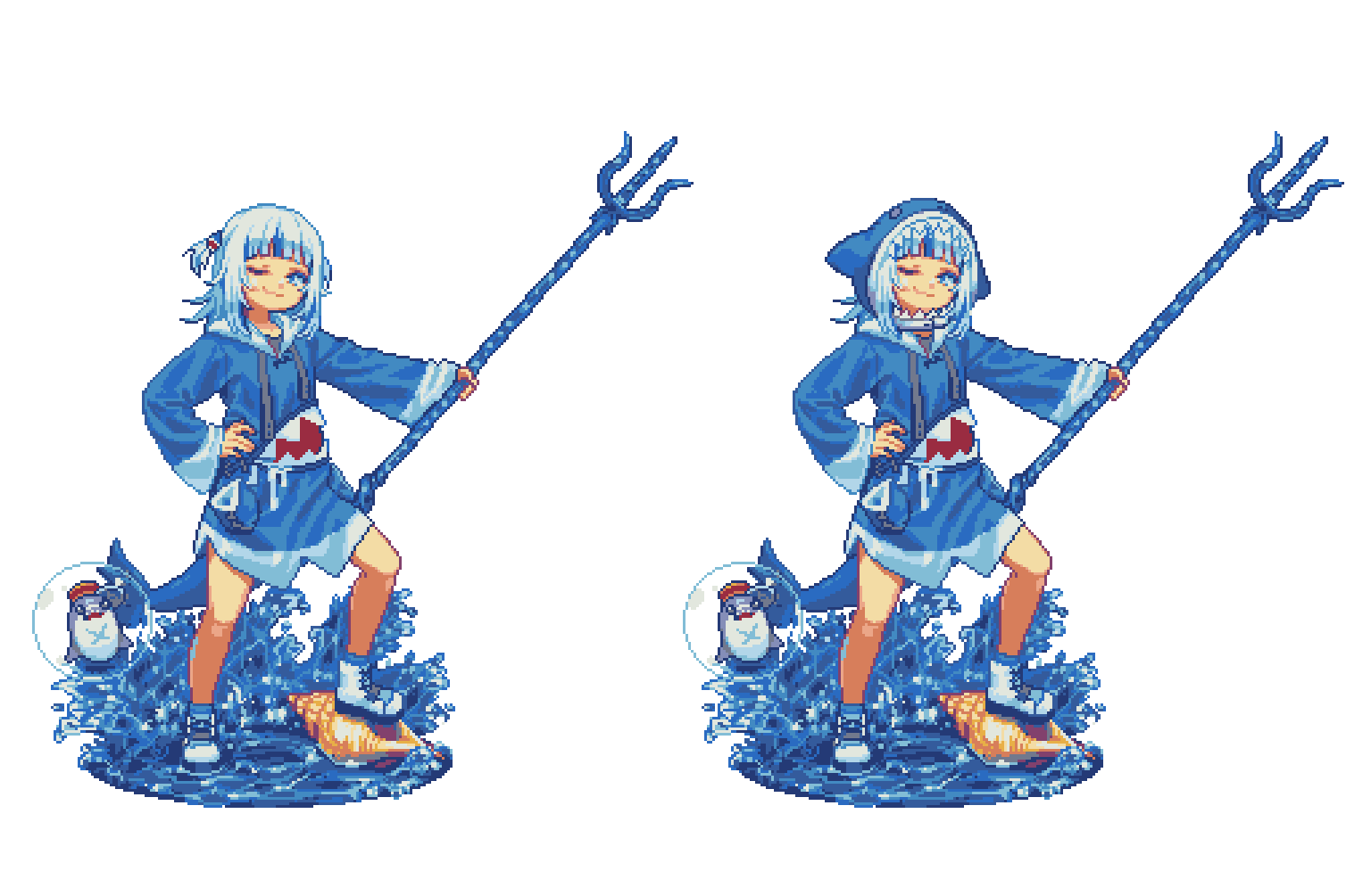animal_hood bloop_(gawr_gura) blue_eyes blue_hair boots bubble fish_tail full_body gawr_gura hand_on_hip hololive hololive_english hood medium_hair multicolored_hair one_eye_closed pixel_art polearm shark_girl shark_hood shark_tail shell sleeves_past_wrists smile streaked_hair tail tengu_nouzu transparent_background trident two-tone_hair two_side_up water weapon white_footwear white_hair