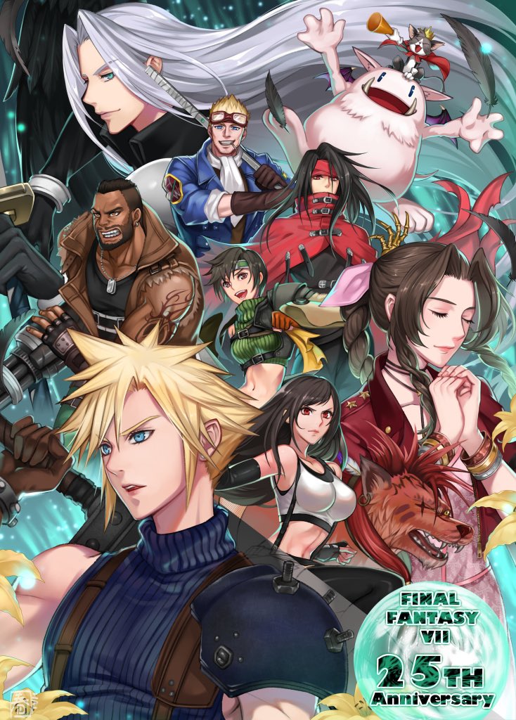 3girls aerith_gainsborough aqua_eyes armor ascot asymmetrical_hair bangs barret_wallace black_coat black_hair black_shirt black_wings blonde_hair blue_eyes blue_jacket blue_shirt bracelet braid braided_ponytail breasts brown_eyes brown_hair brown_vest buster_sword cait_sith_(ff7) cape cat choker cid_highwind cloak closed_eyes cloud_strife coat cropped_jacket crown dress earrings facial_mark falling_feathers fangs feathers final_fantasy final_fantasy_vii final_fantasy_vii_remake fingerless_gloves flower gloves goggles goggles_on_head green_shirt hair_between_eyes hair_ribbon halu-ca headband jacket jewelry large_breasts lifestream long_hair masamune_(ff7) medium_breasts megaphone midriff moogle multiple_boys multiple_girls navel open_mouth over_shoulder own_hands_clasped own_hands_together parted_bangs parted_lips pink_dress polearm red_cape red_cloak red_eyes red_fur red_jacket red_xiii ribbon scar scar_across_eye sephiroth shirt short_hair shoulder_armor sidelocks single_earring single_wing sleeveless sleeveless_turtleneck sleeves_rolled_up spear spiky_hair sports_bra suspenders teeth tifa_lockhart torn_clothes torn_sleeves turtleneck upper_body upper_teeth very_short_hair vest vincent_valentine wavy_hair weapon weapon_over_shoulder white_shirt wings yellow_flower yuffie_kisaragi