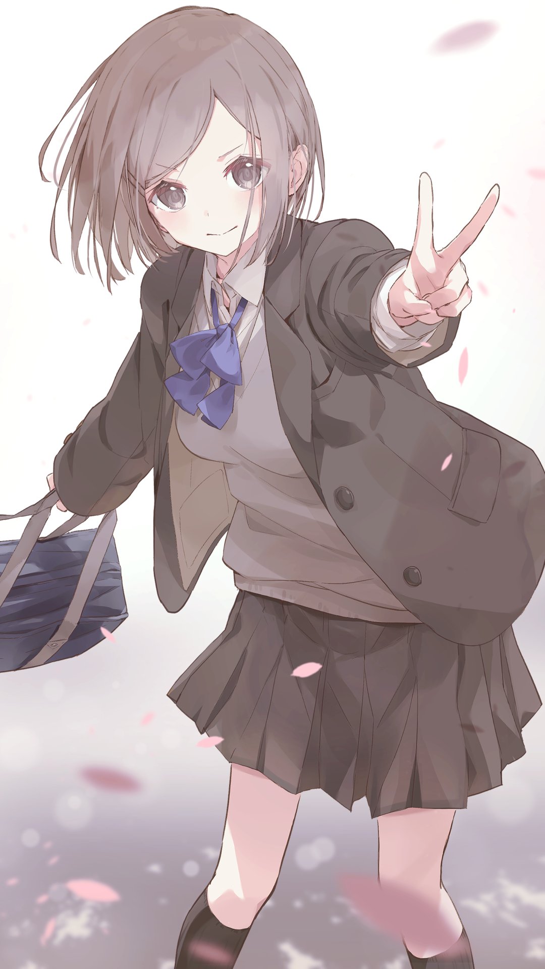 1girl bag bangs blue_bow blurry blurry_foreground bow breasts brown_eyes brown_hair brown_jacket brown_legwear brown_outline brown_skirt brown_sweater_vest buttons cherry_blossoms closed_mouth eyebrows_visible_through_hair falling_petals feet_out_of_frame floor furrowed_brow hand_up highres holding holding_bag jacket kneehighs light_blush looking_at_viewer medium_breasts medium_hair original outdoors outline outstretched_arm parted_bangs petals pleated_skirt rb2 red_outline school_bag school_uniform skirt smile solo sweater_vest tareme unbuttoned v white_background