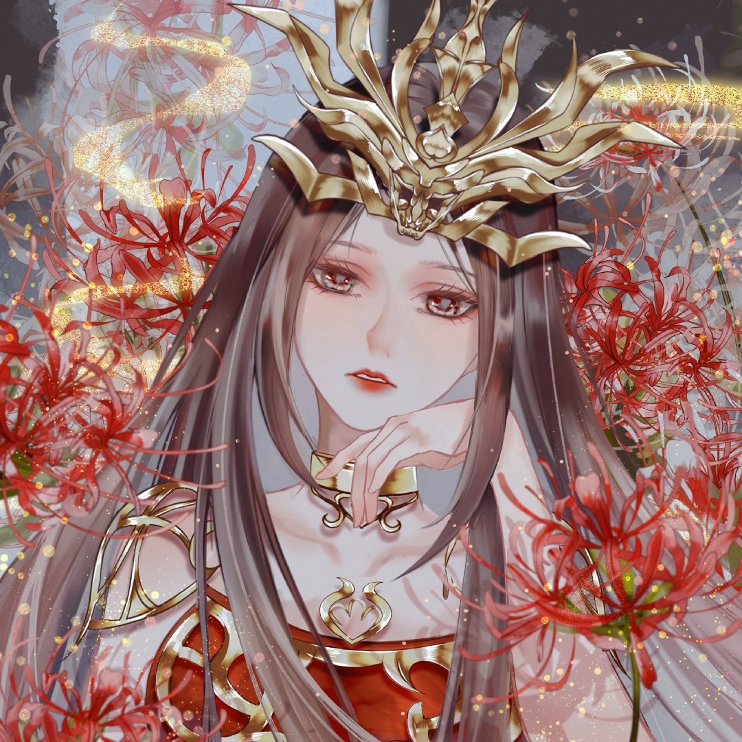 1girl bi_yao_zhuye brown_hair cai_lin_(doupo_cangqiong) choker doupo_cangqiong dress face flower hair_ornament hand_on_own_chin long_hair looking_at_viewer open_mouth red_dress solo spider_lily teeth upper_body