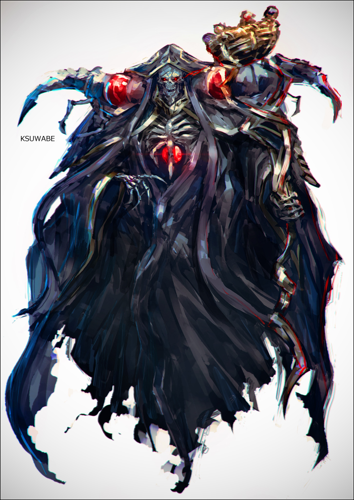 1boy ainz_ooal_gown artist_name cloak full_body gradient gradient_background grey_background hands_up holding holding_staff k-suwabe long_sleeves looking_at_viewer male_focus overlord_(maruyama) red_eyes skeleton skull smile solo staff teeth wide_sleeves