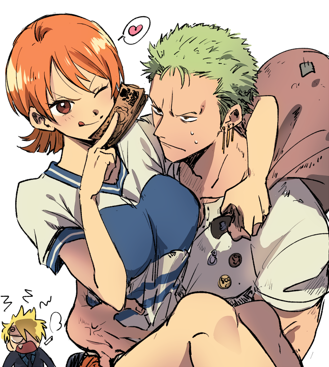 1girl 2boys :p angry bad_id bad_twitter_id bag black_necktie blonde_hair breasts carrying chokota earrings formal green_hair heart holding holding_bag holding_money jewelry large_breasts money multiple_boys nami_(one_piece) necktie one_piece orange_eyes orange_hair princess_carry roronoa_zoro sanji shirt short_hair suit t-shirt tongue tongue_out white_background