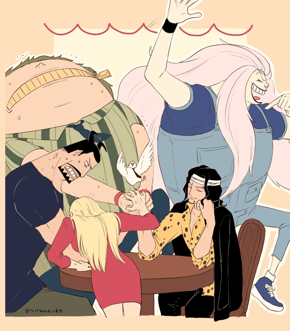 1girl 4boys arm_wrestling beard bird black_hair blonde_hair blueno casual chair clenched_teeth closed_eyes cp9 facial_hair fukurou_(one_piece) glasses hattori_(one_piece) kalifa_(one_piece) kumadori long_hair multiple_boys one_piece open_mouth pigeon rob_lucci short_hair sitting smile struggling sutaneko table teeth