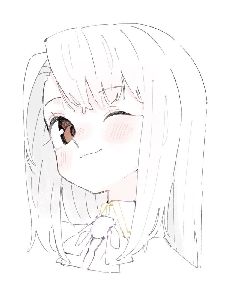 1girl ascot blush brown_eyes fate/stay_night fate_(series) illyasviel_von_einzbern long_hair looking_at_viewer monochrome one_eye_closed simple_background sketch smile solo spot_color tenoo12 upper_body white_background