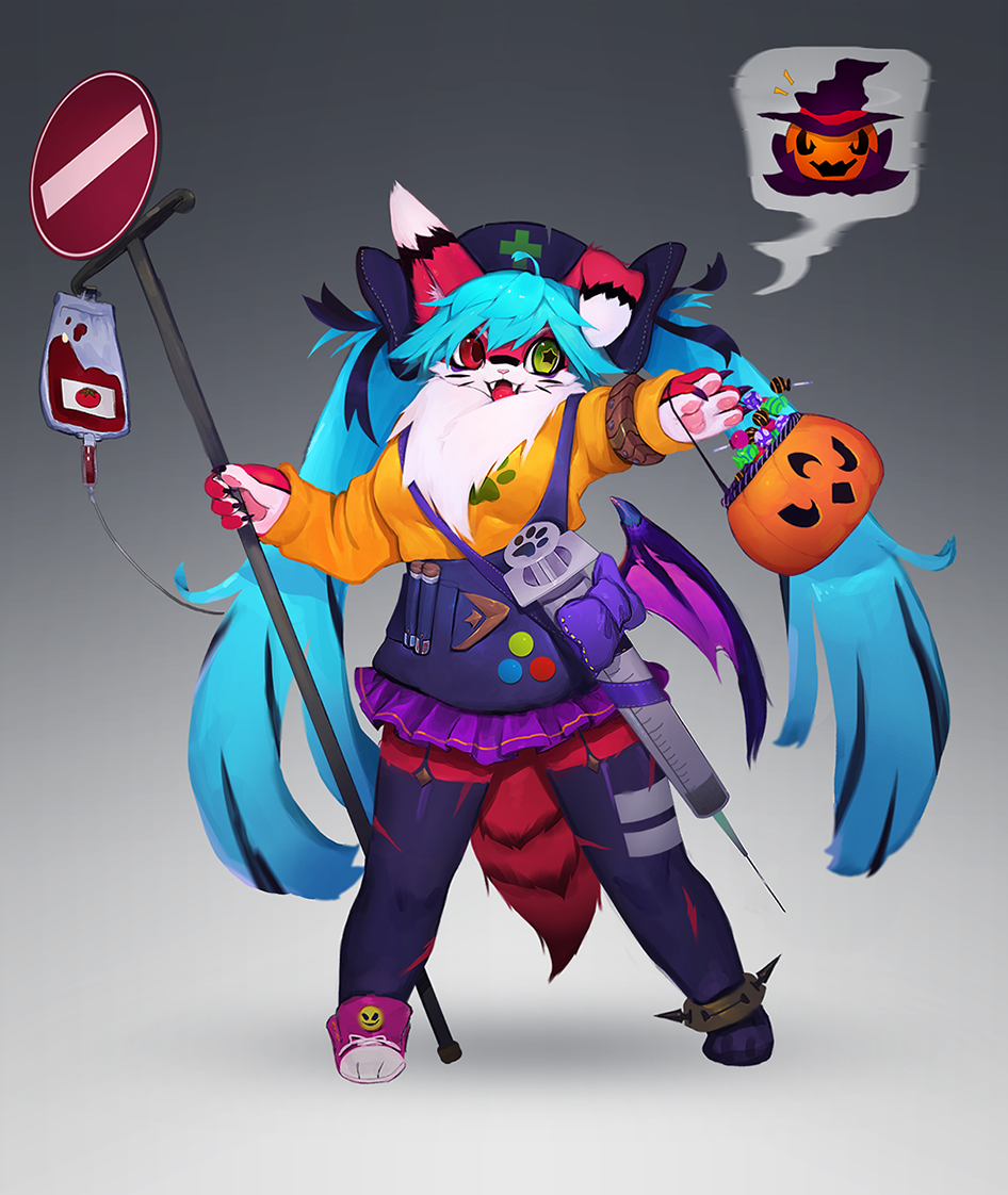 1girl :3 ahoge animal_ears animal_hands animal_nose anklet arm_up armlet bangs blue_hair blue_headwear blue_legwear blue_overalls blue_ribbon body_fur bow breasts candy claws commentary demon_wings english_commentary fangs food fox_ears fox_girl fox_tail full_body fur_collar furry furry_female garter_straps gradient gradient_background green_eyes grey_background hair_ribbon halloween halloween_bucket hand_up happy hat heterochromia holding intravenous_drip jewelry legs_apart lollipop long_hair long_sleeves looking_to_the_side low_wings medium_breasts miniskirt multicolored_hair nurse_cap open_mouth original outstretched_arm overalls oversized_object paw_print pawpads pink_footwear pleated_skirt purple_bow purple_skirt purple_wings red_eyes red_fur ribbon road_sign shoes sidelocks sign simple_background single_shoe single_wing skirt smile solo speech_bubble standing star-shaped_pupils star_(symbol) streaked_hair symbol-shaped_pupils tail test_tube thigh-highs tomato_juice torn_clothes torn_legwear twintails two-tone_fur two-tone_hair uyu_(soda_uyu) very_long_hair whiskers white_fur wings