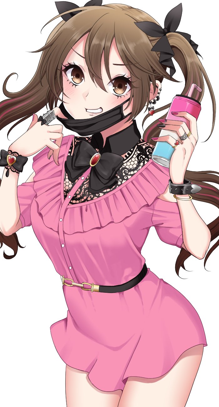 1girl alternate_costume black_bow black_mask black_nails blush bow bracelet breasts brown_eyes brown_hair can dress ear_piercing earrings eyebrows_visible_through_hair grin hair_bow highres holding holding_can jewelry kantai_collection long_hair looking_at_viewer mask mask_pull medium_breasts mouth_mask multicolored_nails multiple_rings nail_polish piercing pink_dress pink_nails ring short_sleeves simple_background smile solo tone_(kancolle) twintails white_background yomogi_dango