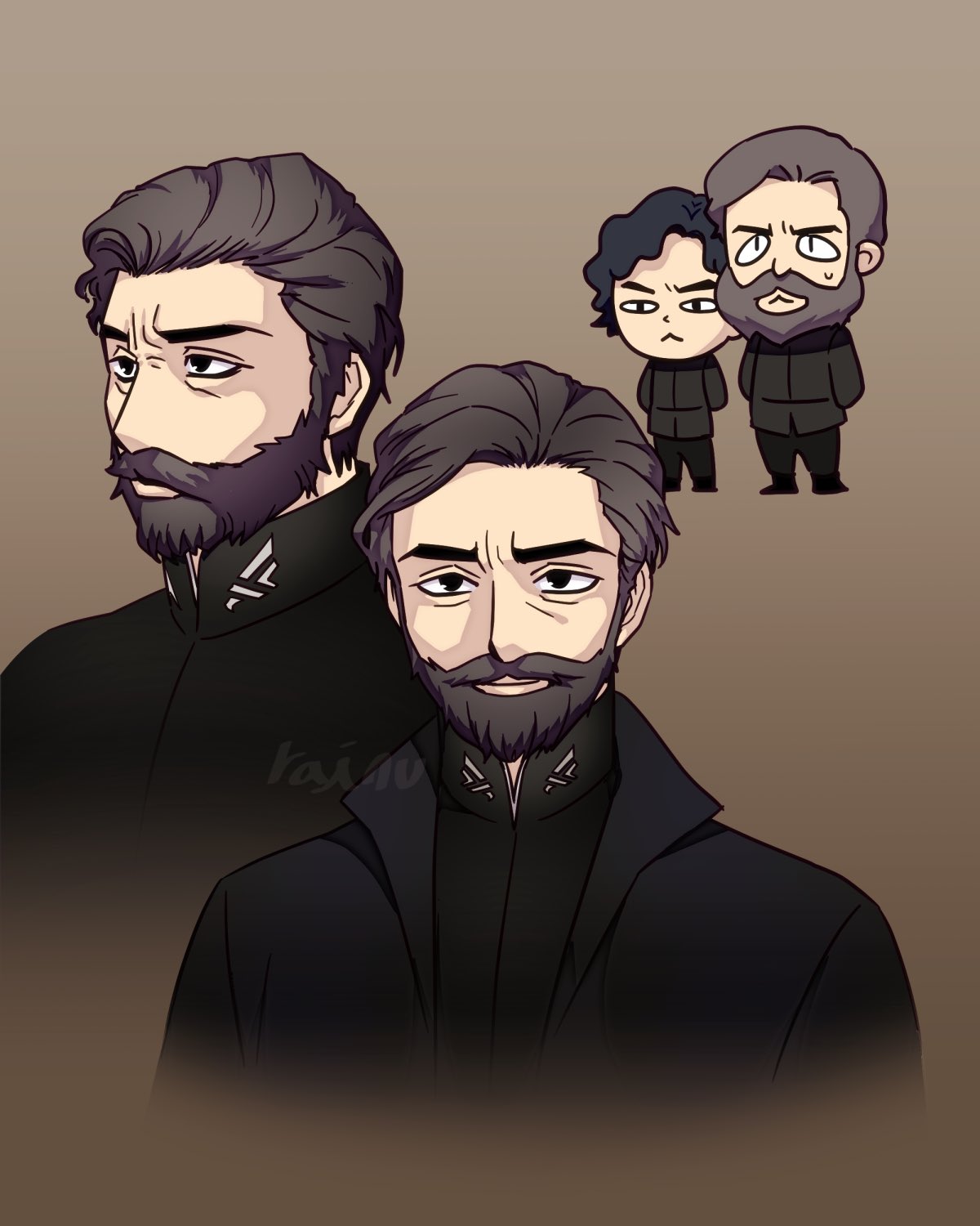 &lt;o&gt;_&lt;o&gt; 2boys :&lt; beard black_coat black_eyes black_hair black_pants black_shirt brown_background brown_hair chibi closed_mouth coat commentary_request dune_(2021_movie) dune_(series) facial_hair father_and_son highres kim_rodel korean_commentary leto_atreides looking_at_viewer multiple_boys multiple_views pants paul_atreides shirt short_hair smile upper_body