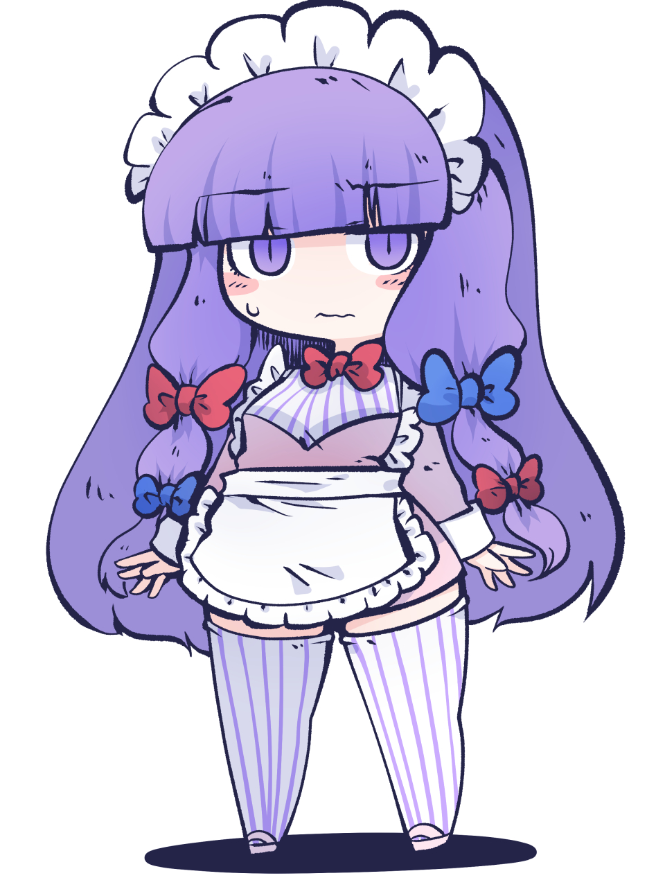 1girl alternate_costume apron blue_bow blush bow closed_mouth enmaided eyebrows_visible_through_hair fried_rice0614 full_body hair_bow highres long_hair long_sleeves maid maid_headdress one-hour_drawing_challenge patchouli_knowledge purple_hair red_bow simple_background solo striped striped_legwear thigh-highs touhou vertical-striped_legwear vertical_stripes violet_eyes waist_apron white_apron white_background
