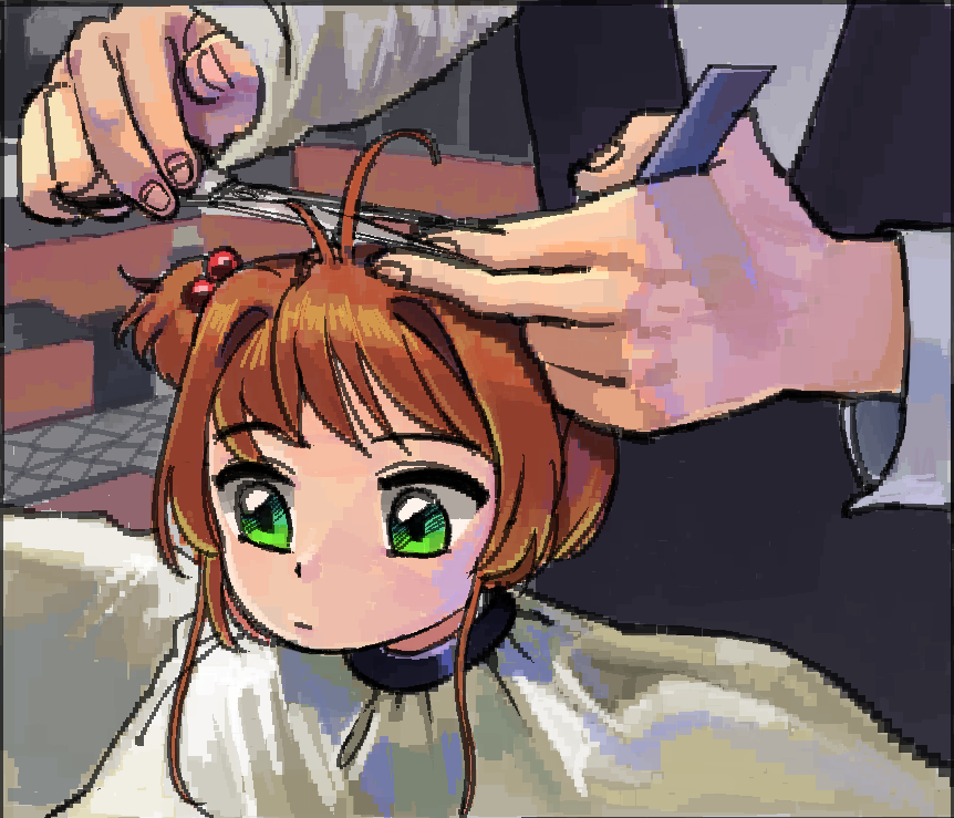 brown_hair cardcaptor_sakura child closed_mouth comb cutting_hair fingers green_eyes kinomoto_sakura meme monkey_haircut_(meme) ohbunti scissors