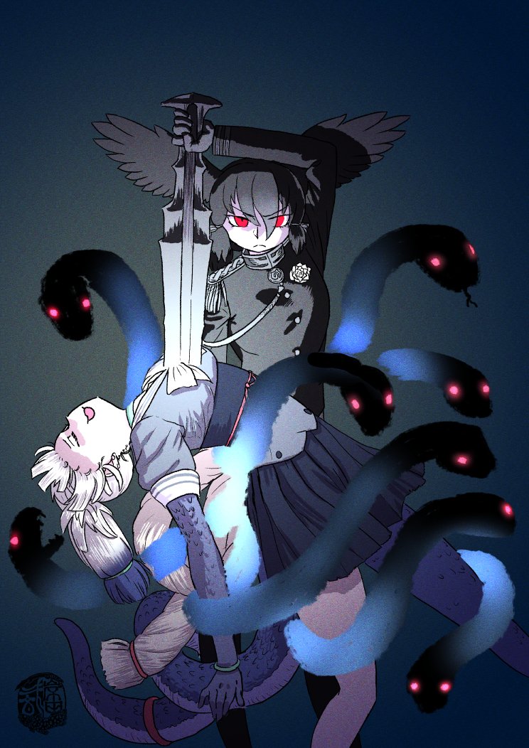 &gt;:( 2girls arm_up artist_logo asymmetrical_legwear bangs black_hair choker closed_eyes closed_mouth darkness drawing_sword elbow_gloves eyebrows_visible_through_hair eyes_visible_through_hair feet_out_of_frame frown gloves glowing glowing_eyes hair_between_eyes head_wings holding holding_sword holding_weapon human_scabbard japanese_clothes kemono_friends kemono_friends_3 kishida_shiki leaning_back legs_apart long_hair long_sleeves looking_at_viewer low-tied_long_hair miniskirt multicolored_hair multiple_girls open_mouth red_eyes rope sash serious sheath shimenawa shirt short_sleeves skirt smile standing sword tail tail_ornament tail_ring twintails two-tone_hair unsheathing v-shaped_eyebrows weapon yamata_no_orochi_(kemono_friends) yatagarasu_(kemono_friends)