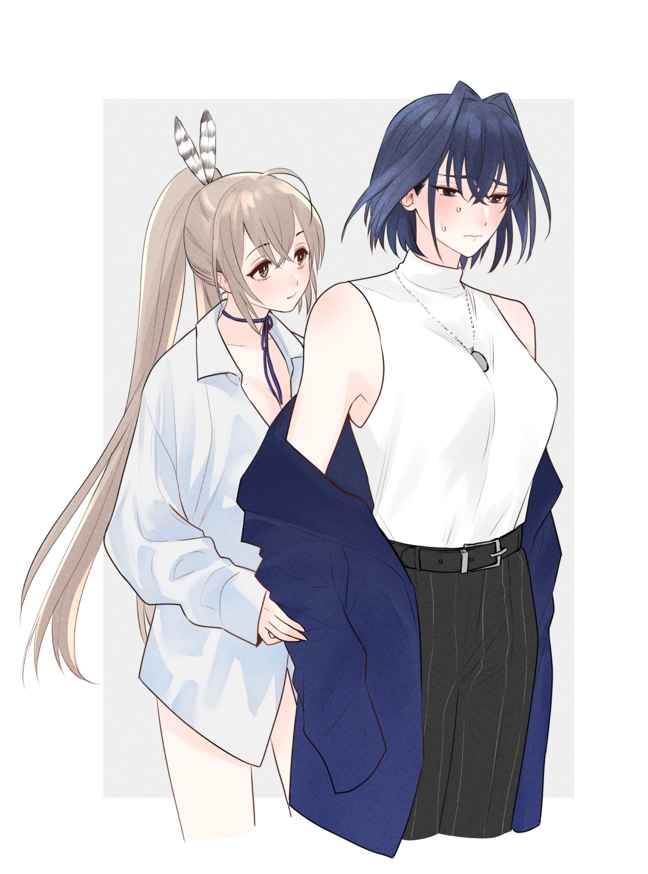 2girls ahoge bangs bare_legs belt_buckle black_pants blue_eyes blue_hair blue_jacket blush brown_eyes brown_hair buckle collared_shirt feather_hair_ornament feathers flustered hair_intakes hair_ornament highres hololive hololive_english jacket jewelry long_hair miyamoto_(dominocube6) multiple_girls nanashi_mumei neck_ribbon necklace off_shoulder ouro_kronii oversized_clothes pants pinstripe_pattern ponytail ribbon shirt short_hair sleeveless sleeveless_turtleneck sleeves_past_wrists striped sweat sweatdrop turtleneck unbuttoned unbuttoned_shirt undressing_another very_long_hair virtual_youtuber white_shirt yuri