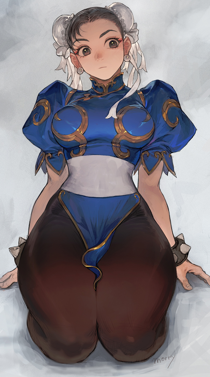 1girl blue_dress bracelet breasts brown_eyes brown_hair brown_legwear bun_cover china_dress chinese_clothes chun-li curvy double_bun dress earrings highres impossible_clothes impossible_dress jewelry kneeling medium_breasts morry pantyhose pelvic_curtain puffy_short_sleeves puffy_sleeves sash short_sleeves side_slit sideways_glance spiked_bracelet spikes street_fighter thick_thighs thighs