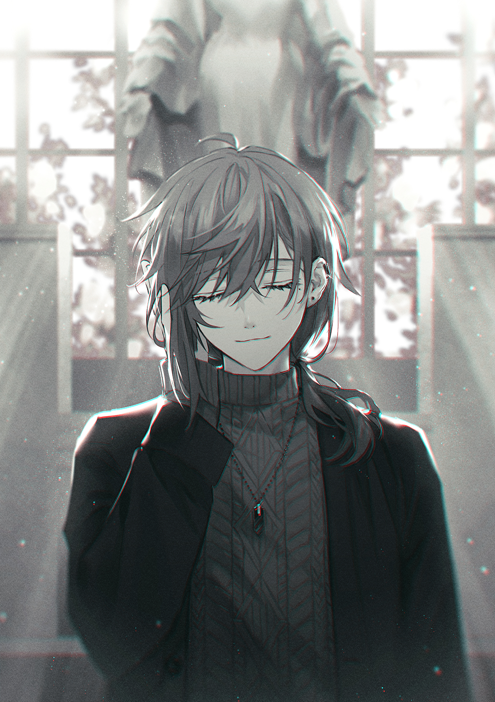 1boy ahoge black_jacket chromatic_aberration closed_eyes ear_piercing earclip facing_viewer glint hand_in_own_hair hand_up highres indoors jacket jewelry kaicggo kanae_(nijisanji) light_rays low_ponytail male_focus medium_hair mole mole_under_eye monochrome necklace nijisanji piercing sepia short_ponytail side_ponytail smile solo statue sunbeam sunlight sweater turtleneck turtleneck_sweater upper_body virtual_youtuber