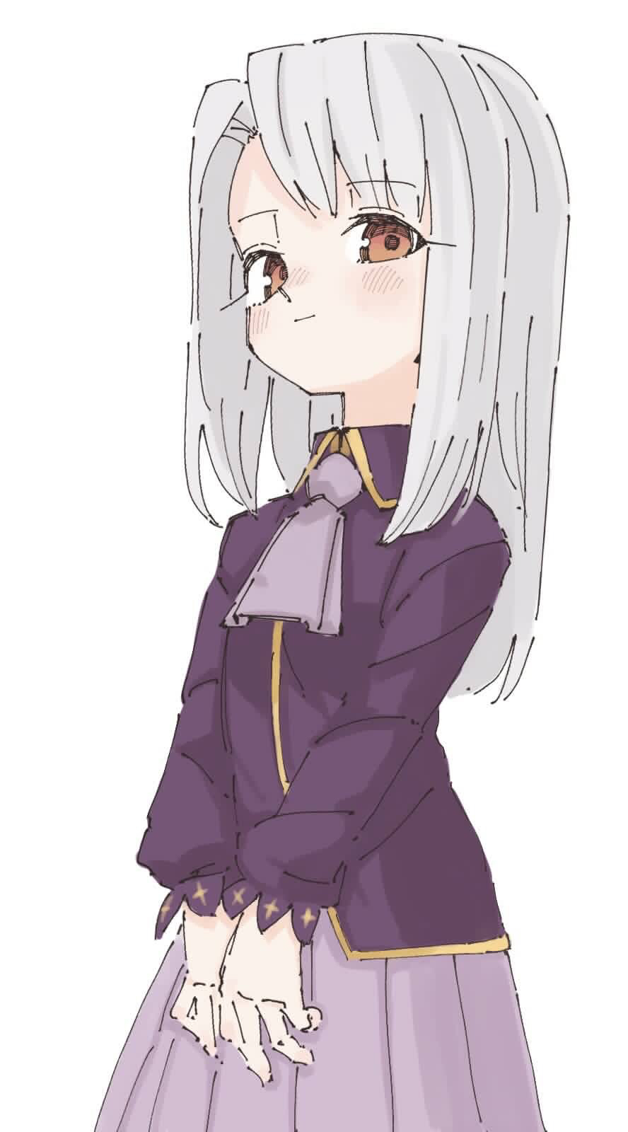 1girl ascot blush brown_eyes cowboy_shot fate/stay_night fate_(series) highres illyasviel_von_einzbern jacket looking_at_viewer own_hands_together pleated_skirt purple_jacket simple_background sketch skirt smile solo tenoo12 white_background white_hair