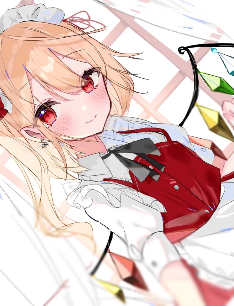 1girl alternate_costume apron black_ribbon blonde_hair buttons closed_mouth collared_shirt commentary_request dutch_angle enmaided eyebrows_visible_through_hair flandre_scarlet frilled_apron frills hair_between_eyes indoors long_hair looking_at_viewer maid maid_headdress multicolored_wings neck_ribbon puffy_short_sleeves puffy_sleeves red_eyes red_vest ribbon shirt short_sleeves smile solo touhou vest waist_apron white_apron white_curtains white_shirt window wings yumeno_ruruka