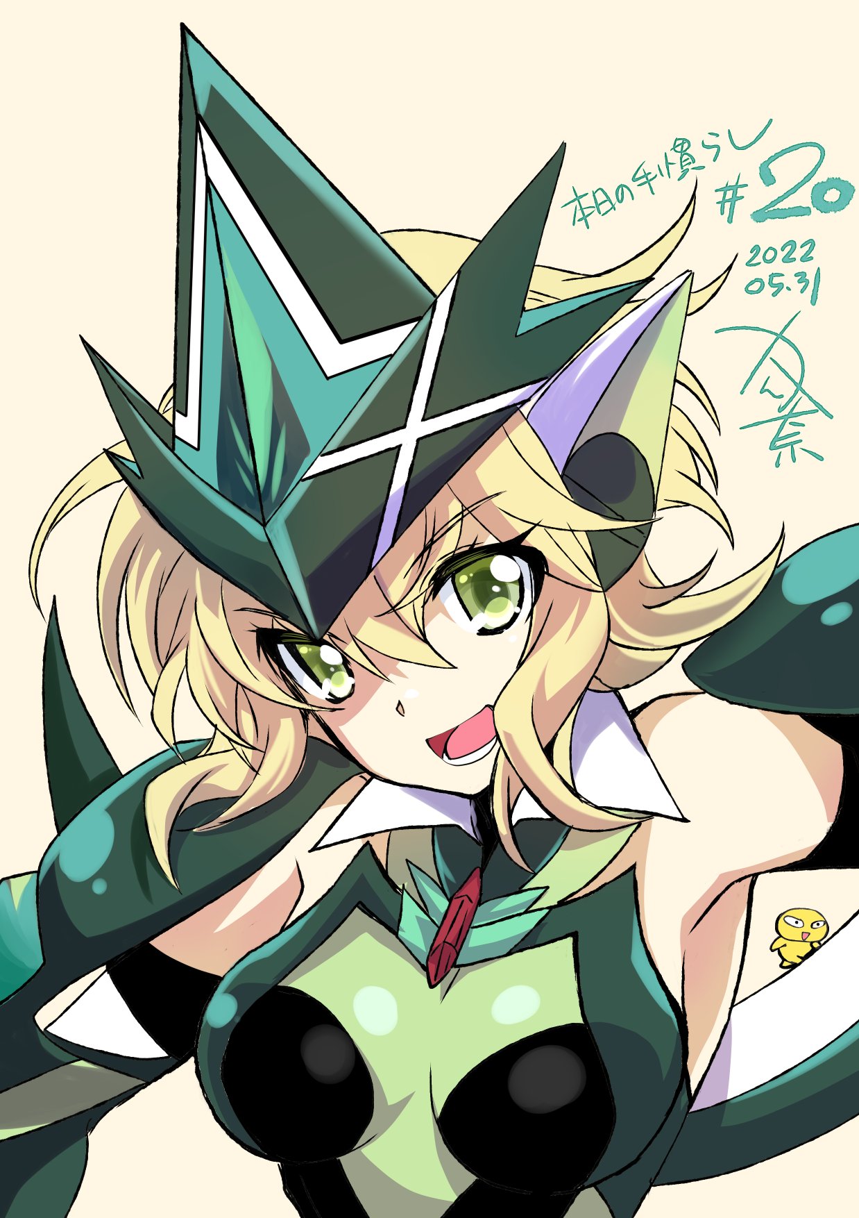 1girl 2022 akatsuki_kirika blonde_hair breasts dated ear_covers ear_protection eyebrows_visible_through_hair green_eyes green_headwear hat highres kanna_(plum) looking_at_viewer numbered open_mouth senki_zesshou_symphogear smile solo yellow_background