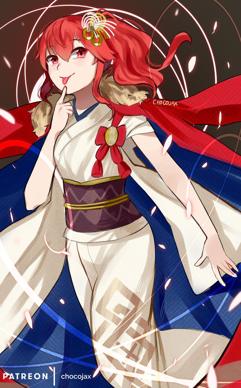 1girl anna_(fire_emblem) artist_name bangs blue_cape cape chocojax commentary english_commentary finger_to_face fire_emblem fire_emblem_heroes fur-trimmed_cape fur_trim hair_between_eyes hair_ornament highres japanese_clothes kimono long_hair mixed-language_commentary obi official_alternate_costume patreon_username ponytail red_cape red_eyes redhead sash side_ponytail smile solo tongue tongue_out two-tone_cape