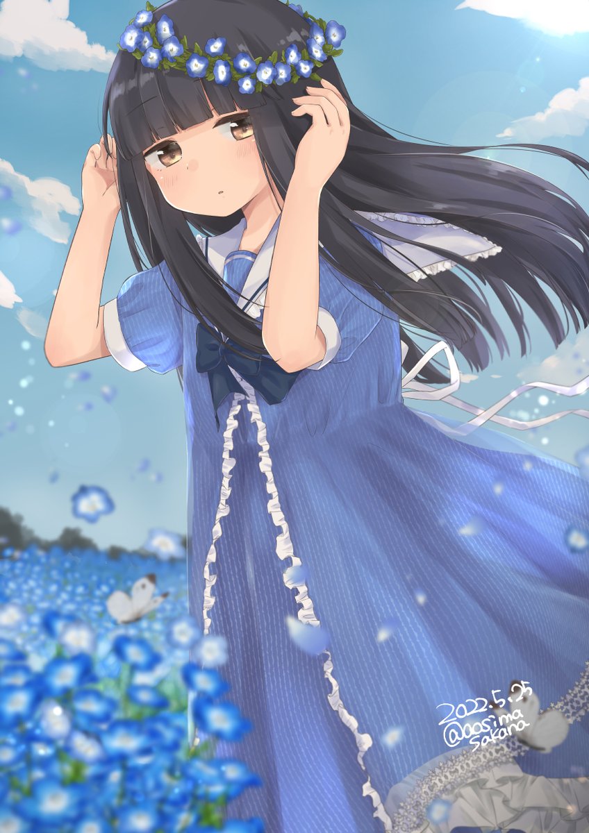 1girl alternate_costume aoshima_sakana bangs black_hair blue_dress blunt_bangs brown_eyes bug butterfly commentary_request commission dated dress eyebrows_visible_through_hair flower hatsuyuki_(kancolle) highres hime_cut kantai_collection long_hair looking_at_viewer puffy_short_sleeves puffy_sleeves sailor_collar short_sleeves skeb_commission solo twitter_username wreath