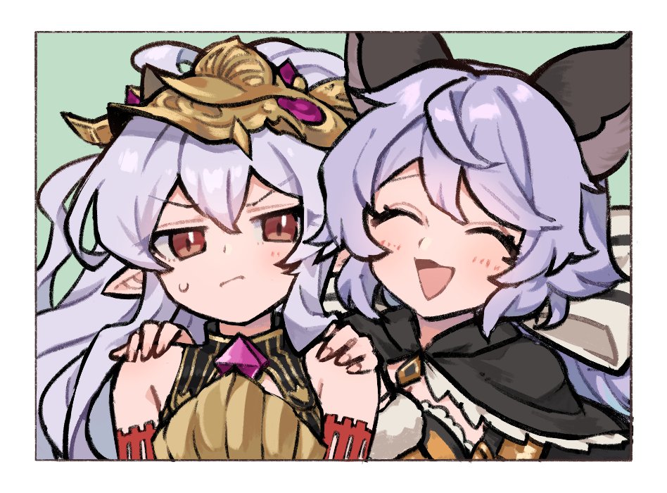 2girls ^_^ animal_ears armor bangs bare_shoulders blush border cape closed_eyes closed_mouth detached_sleeves eno_(preno_gb) granblue_fantasy hands_on_another's_shoulders headdress long_hair looking_at_viewer medusa_(shingeki_no_bahamut) multiple_girls pointy_ears purple_hair red_eyes satyr_(granblue_fantasy) sidelocks smile sweatdrop upper_body v-shaped_eyebrows