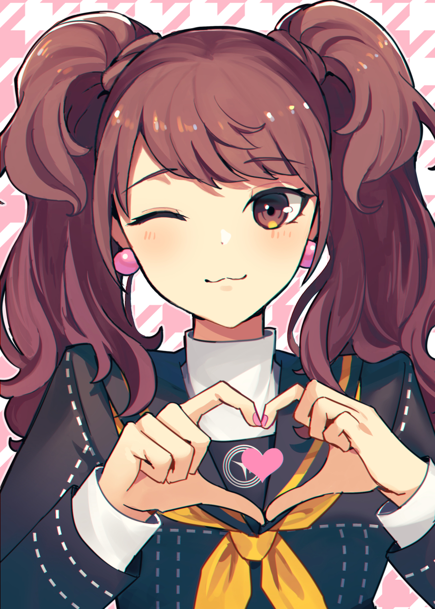 1girl :3 black_sailor_collar blush brown_eyes brown_hair closed_mouth commentary earrings english_commentary eyebrows_visible_through_hair heart heart_hands highres jewelry kujikawa_rise kuki_tan long_sleeves looking_back neckerchief one_eye_closed persona persona_4 sailor_collar school_uniform serafuku smile solo turtleneck twintails upper_body yasogami_school_uniform yellow_neckerchief