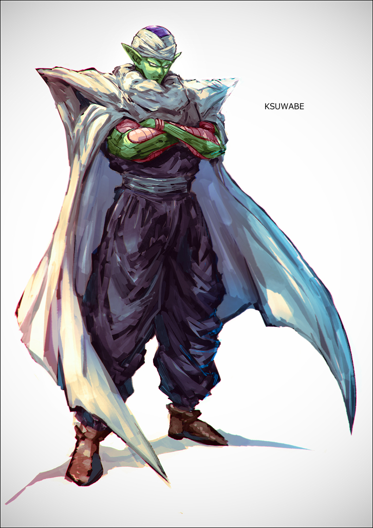 1boy artist_name black_eyes cape colored_skin crossed_arms dragon_ball dragon_ball_z full_body gradient gradient_background green_skin grey_background k-suwabe long_hair looking_at_viewer namekian piccolo pointy_ears solo standing turban white_cape