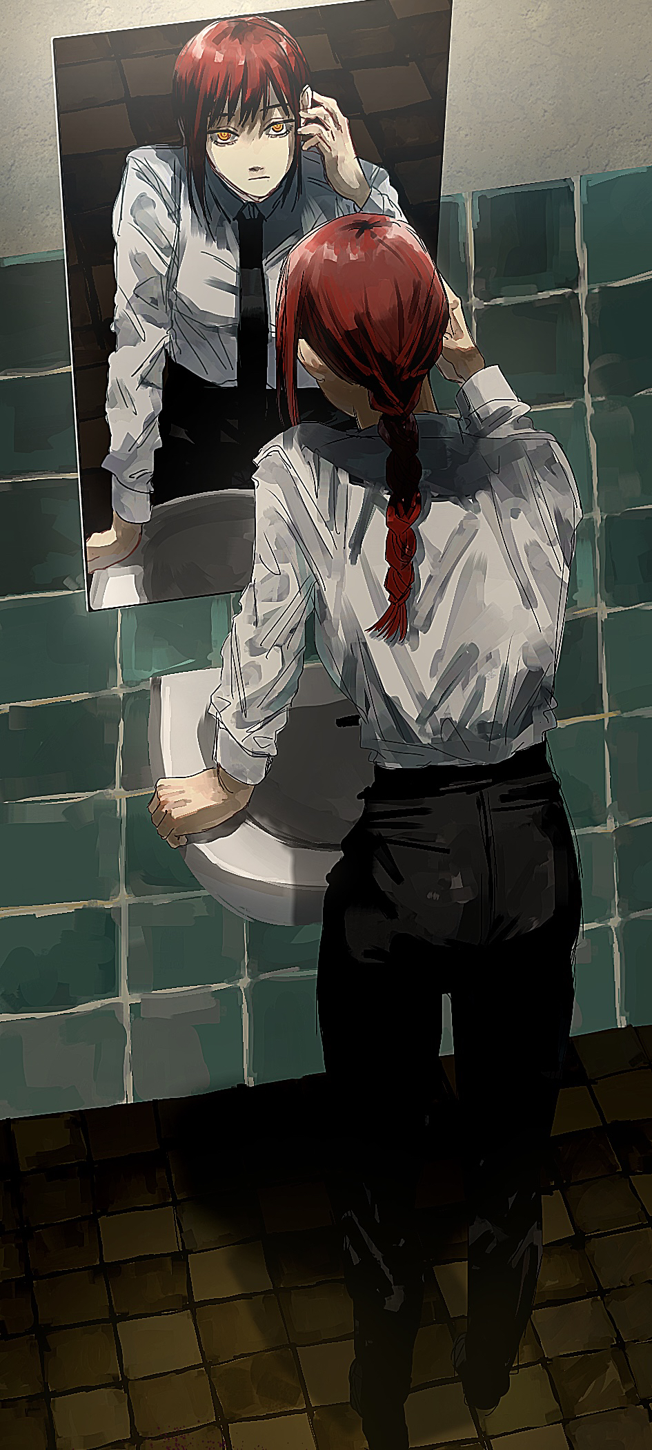 1girl bangs bathroom black_necktie black_pants braid braided_ponytail chainsaw_man collared_shirt expressionless hand_to_head highres leaning_forward long_sleeves looking_at_mirror looking_at_viewer makima_(chainsaw_man) mirror necktie pants ponytail redhead reflection ringed_eyes shirt sidelocks sink solo user_fapm37210 white_shirt