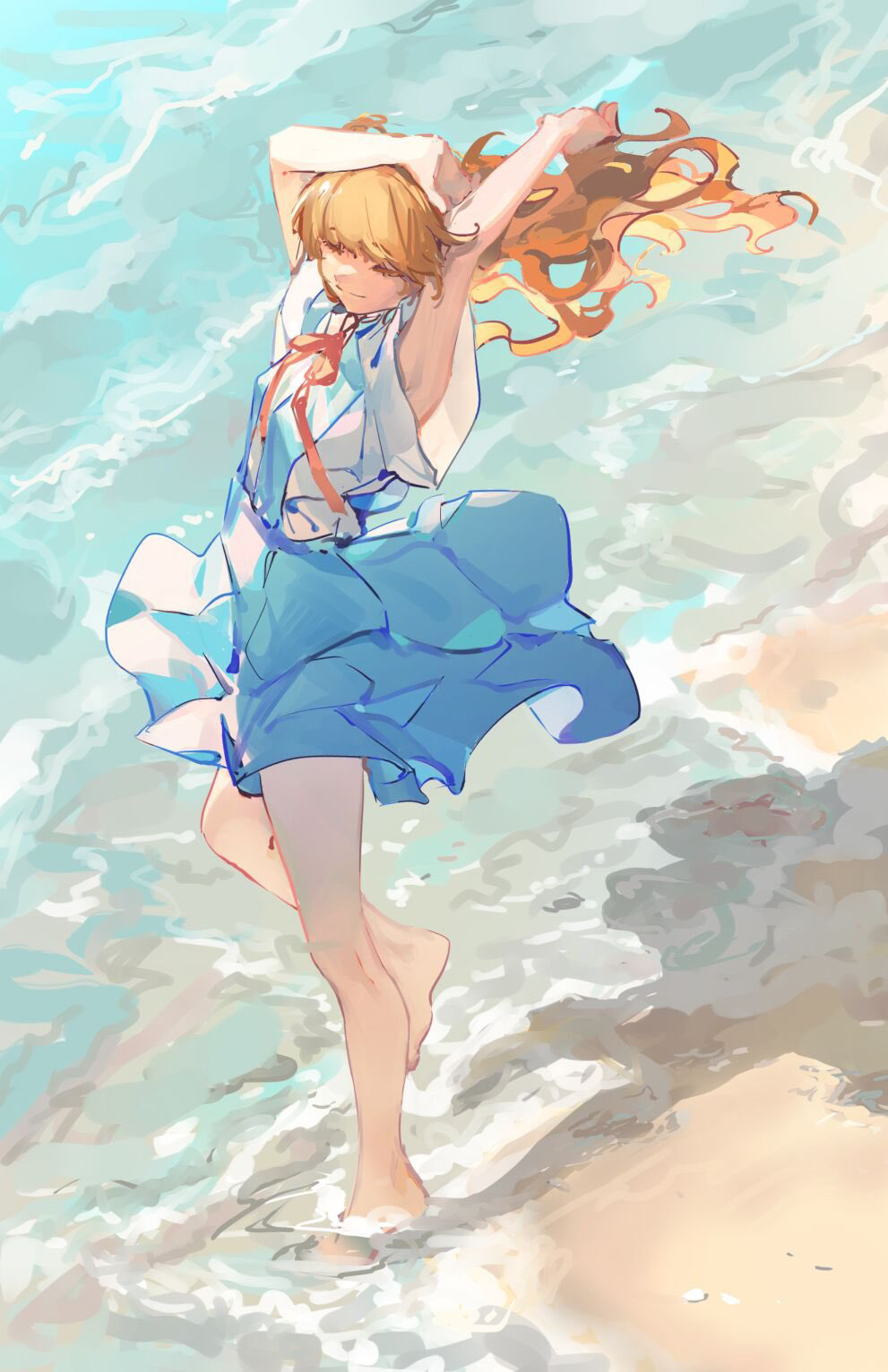 1girl ame_(10286367) armpit_peek arms_up bangs barefoot beach blue_skirt closed_eyes closed_mouth commentary day english_commentary eyebrows_visible_through_hair full_body highres long_hair neck_ribbon neon_genesis_evangelion orange_hair outdoors red_ribbon ribbon school_uniform shirt shore short_sleeves skirt smile solo souryuu_asuka_langley standing standing_on_one_leg stretch suspender_skirt suspenders tokyo-3_middle_school_uniform wading water white_shirt