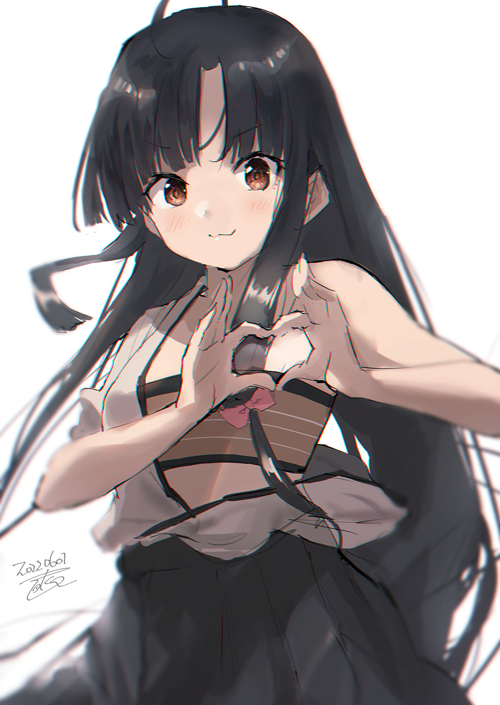1girl ahoge bandeau black_hair black_hakama blush brown_eyes closed_mouth dated eyebrows_visible_through_hair hakama heart heart_hands highres japanese_clothes kantai_collection long_hair shouhou_(kancolle) signature simple_background smile solo toka_(marchlizard) very_long_hair white_background