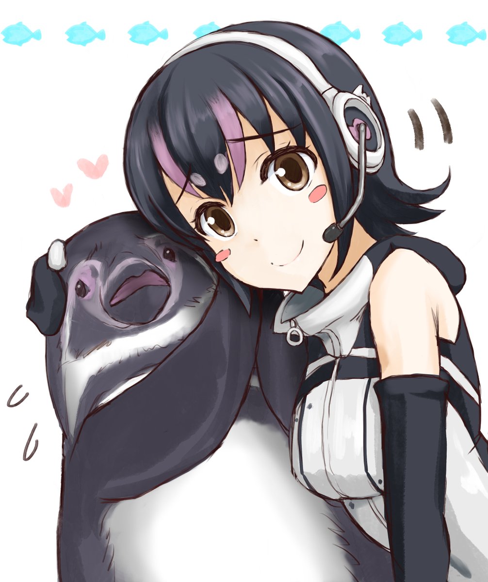 animal_costume bird black_eyes black_hair closed_mouth elbow_gloves fish gloves hanami_zonb headphones heart highres humboldt_penguin_(kemono_friends) kemono_friends kemono_friends_v_project looking_at_viewer multicolored_hair penguin penguin_costume penguin_tail shirt short_hair simple_background sleeveless sleeveless_shirt smile tail virtual_youtuber