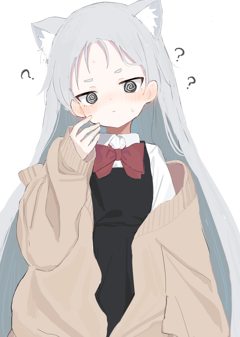 1girl ? @_@ animal_ear_fluff animal_ears blush bow closed_mouth confused grey_eyes grey_hair highres long_hair original red_bow sanma_(tabet_) sleeves_past_wrists solo sweat sweatdrop