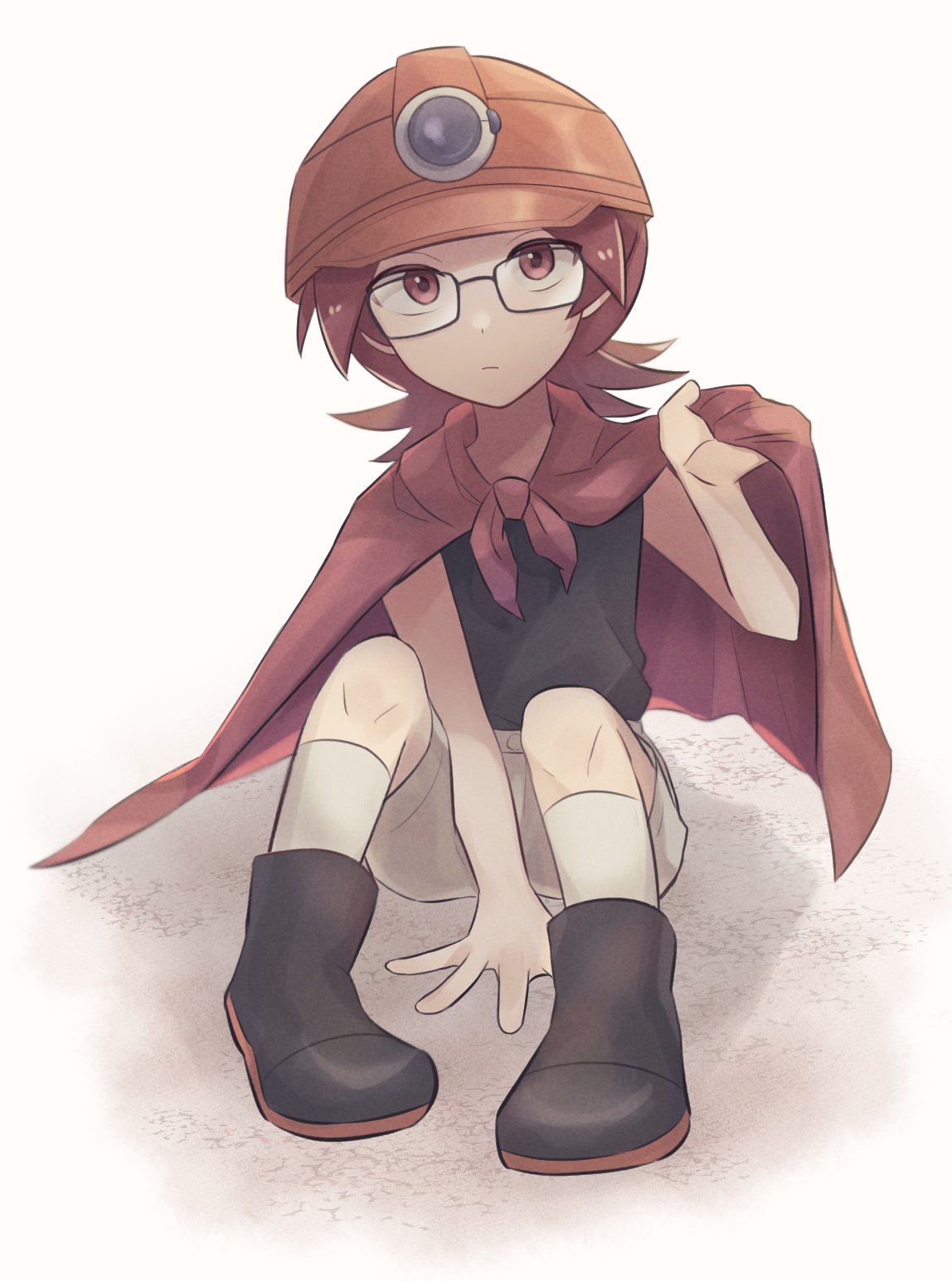 1boy arm_support black-framed_eyewear black_shirt boots cape closed_mouth commentary_request expressionless full_body glasses hand_up helmet highres kneehighs knees male_focus medium_hair orange_headwear pokemon pokemon_(game) pokemon_dppt red_cape red_eyes redhead roark_(pokemon) shirt shorts sioinari_03 sitting sleeveless sleeveless_shirt solo younger