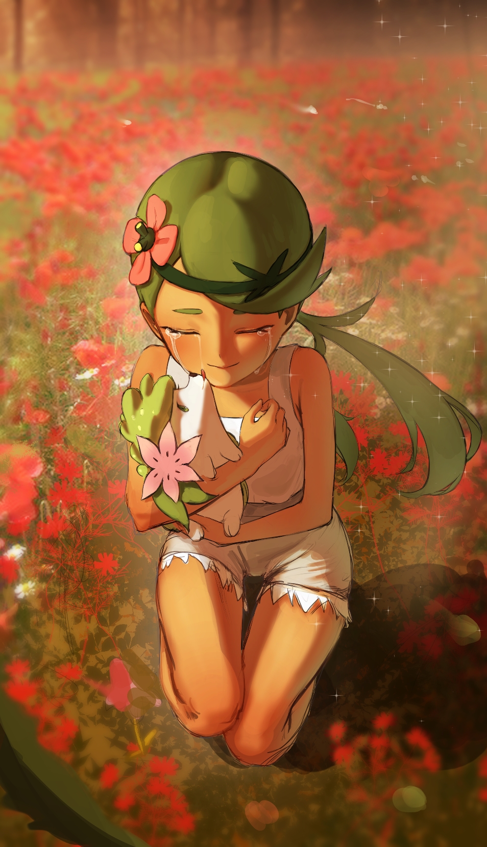 1girl apopo bangs closed_eyes commentary_request crying dark-skinned_female dark_skin day field flower flower_field green_hair green_headband grey_overalls hair_flower hair_ornament headband highres holding holding_pokemon kneeling licking licking_another's_face long_hair mallow_(pokemon) outdoors overall_shorts overalls pink_flower pokemon pokemon_(anime) pokemon_(creature) pokemon_sm_(anime) red_flower shaymin shaymin_(land) swept_bangs tears